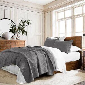100% Cotton Quilt Set King Size, Dark Grey Pre-Washed 3-Piece Coverlet Set